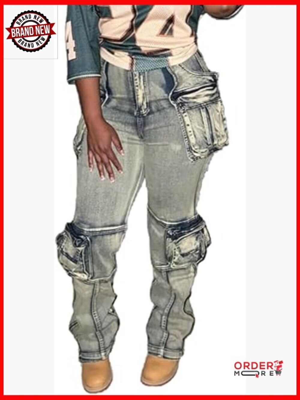 Stretch Cargo Jeans Women Straight Leg High Rise Side Zipper Pockets